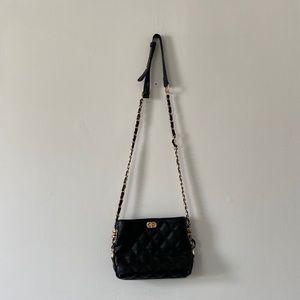 Quilted Black Leather Crossbody Purse with Gold Chain